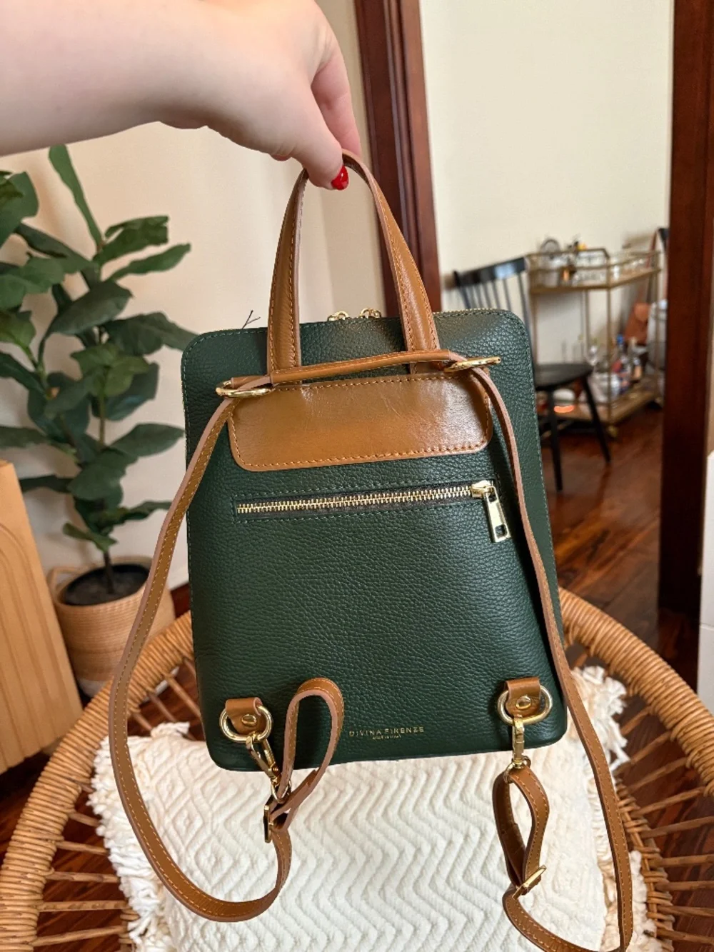 Divina Firenze Genuine Leather Backpack Forest Green and Cognac